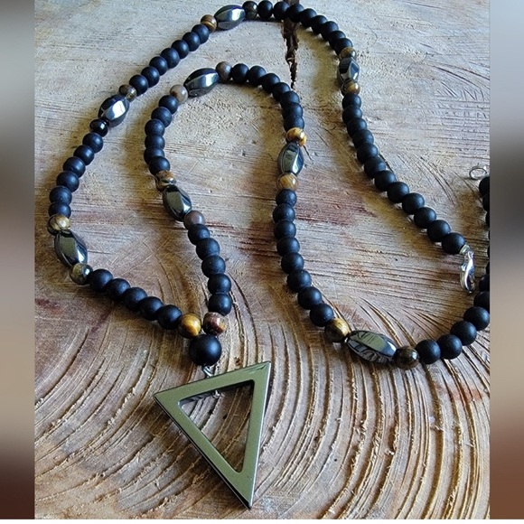 Jewelry - Black and Gold Hermatite and Lava Beaded Necklace with Triangle Pendant